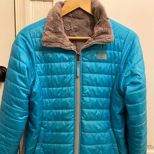 North Face Blue and Fuzzy Grey Reversible Jacket